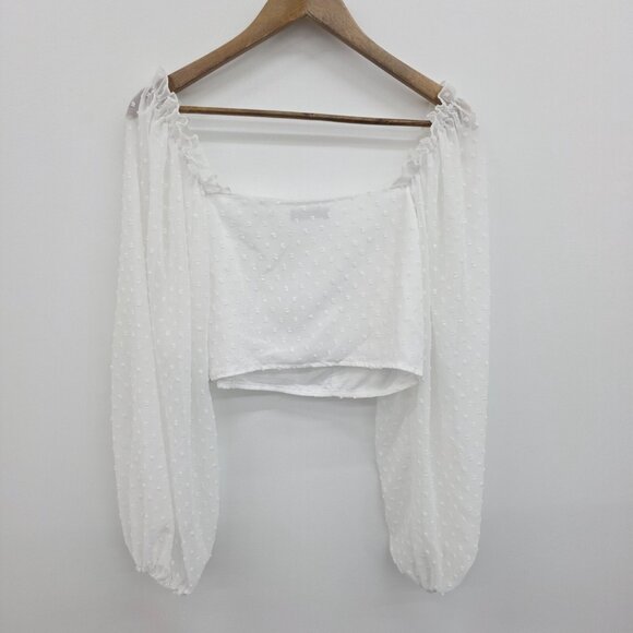 White Chiffon Swiss Dot Milkmaid Top Size L Lantern Sleeve Crop Ruched Bust - Picture 4 of 12